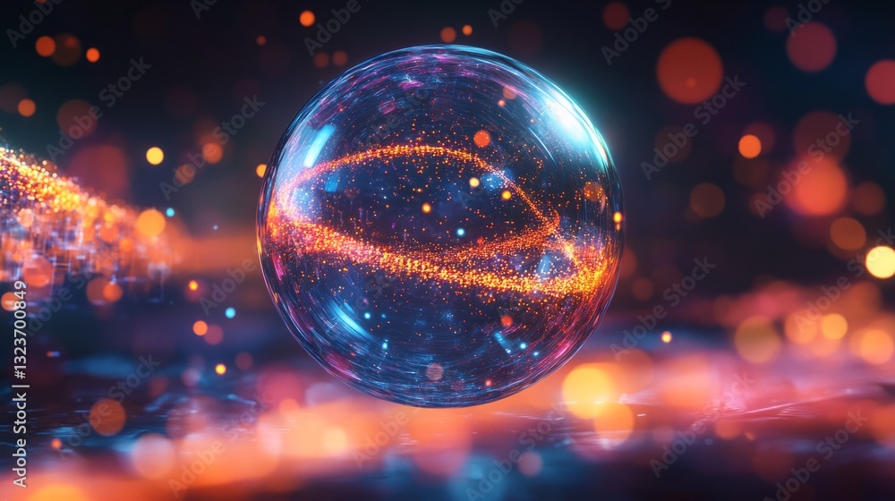 A floating sphere with swirling molecular structures, highlighted by a vibrant DNA sequence background A floating sphere with swirling molecular structures, highlighted by a vibrant DNA sequence background