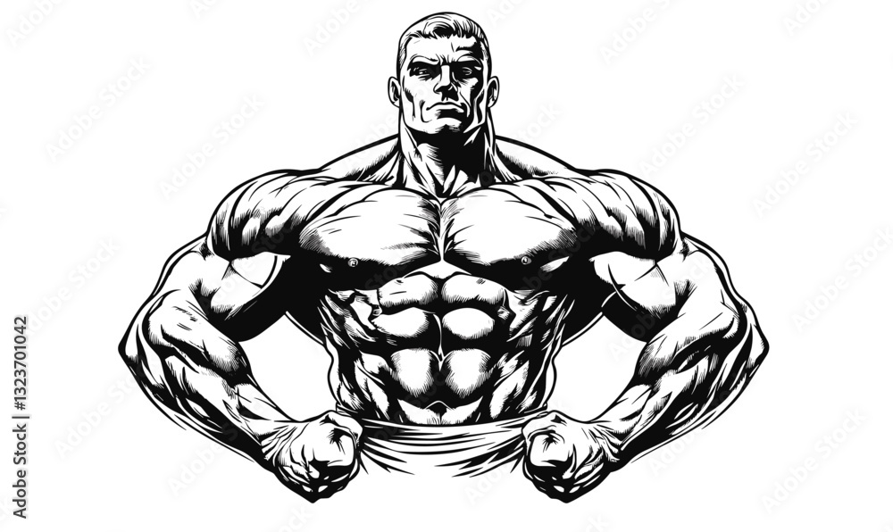 Fototapeta premium Muscular man and fitness enthusiast in bodybuilding poses | linear icons set vector.