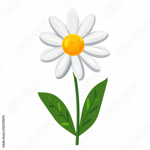 A Simple flat 2D illustration icon white daisy branch with green leaf isolated on transparent background, vector, flat design, animation design, simple flat 2D icon, clipart
