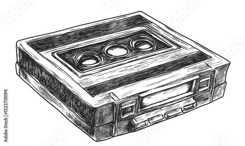 Retro audio cassette tape, hand-drawn, linear, vintage music icon set, vector.