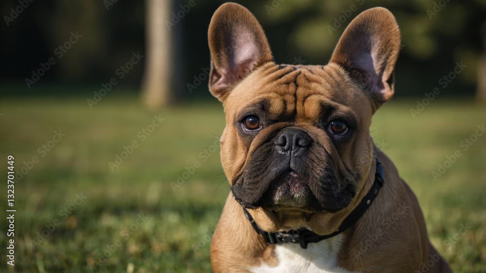 A fawn French Bulldog with a black collar sits attentively on vibrant green grass outdoors. A fawn French Bulldog with a black collar sits attentively on vibrant green grass outdoors.