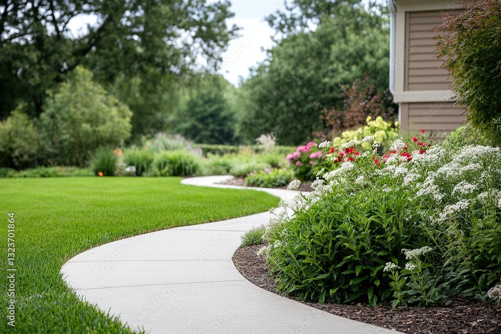 Fototapeta premium Garden path curves through vibrant flowers and lush greenery in a serene outdoor setting