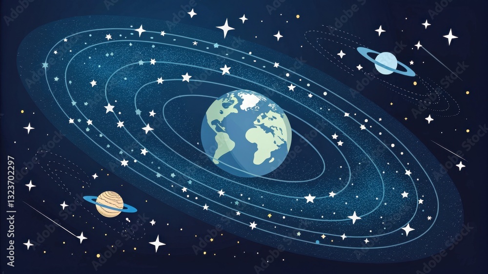Obraz premium A whimsical illustration of Earth surrounded by planets and stars, depicting the vastness of space and cosmic beauty.