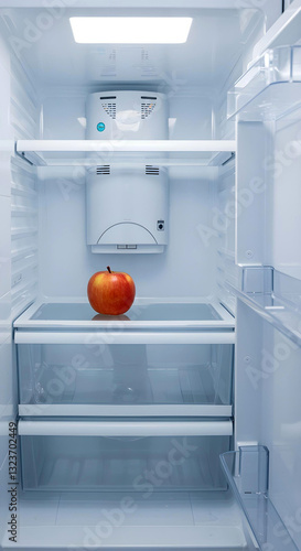 An empty fridge with just an apple