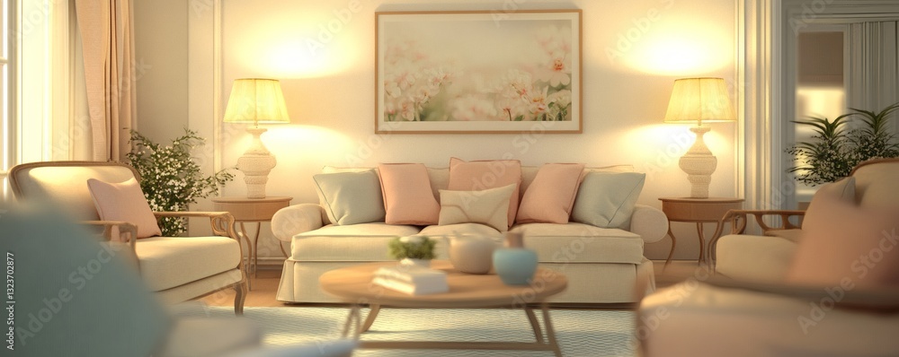 Obraz premium A beautifully lit and furnished living room with soft colors