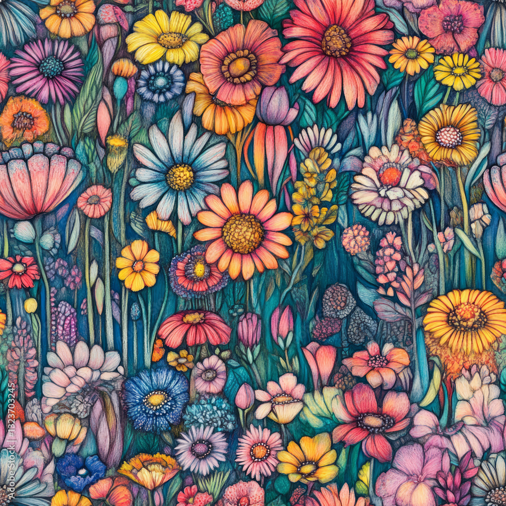 Seamless pattern of a captivating colorful folk art drawing of wildflowers growing in a big flower garden, lots of very colorful flowers retro hand drawn design nature floral spring summer background Seamless pattern of a captivating colorful folk art drawing of wildflowers growing in a big flower garden, lots of very colorful flowers retro hand drawn design nature floral spring summer background