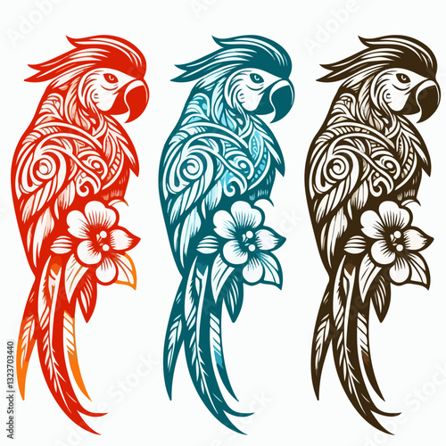 Tattoo Parrot Trio: A vibrant trio of parrot illustrations, each rendered in a unique color scheme, showcasing intricate tattoo-style details and floral elements. 