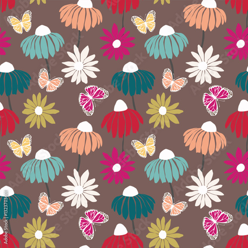 Seamless floral pattern based on traditional folk art ornaments. Colorful flowers on color background. Scandinavian style. Sweden nordic style. Vector illustration. Simple minimalistic pattern.