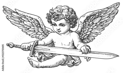 Winged cherub holding sword - flat angels icons set, vector, linear.