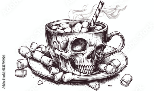 Coffee cup skull with steam and marshmallows on plate - vector, linear icons set.