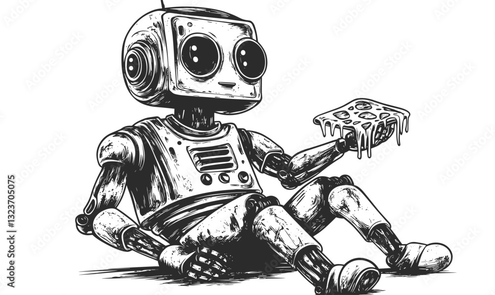 Fototapeta premium Robot character eating pizza slice in linear style, vector icons set.