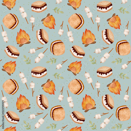 Watercolor seamless pattern with bonfire, cookies, marshmallow and green sprigs on gray