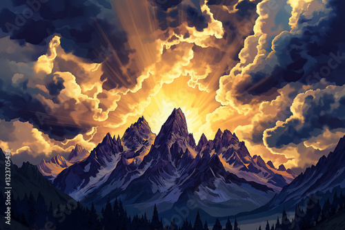Obraz na płótnie Jagged Mountain Peaks Silhouetted Against a Dramatic Stormy Sky – Golden Sunrays Break Through Dark Clouds w salonie