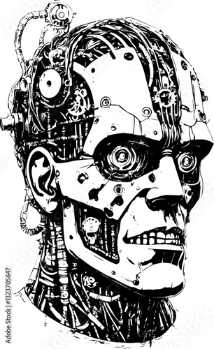 SVG vector features Frankenstein as a mechanical cyborg. Detailed Illustration of a Futuristic Robotic Head Design