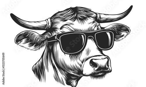 Cool cow with sunglasses in black and white, flat style icons set, vector.