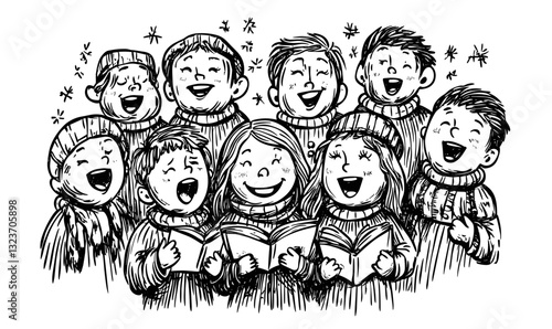 Joyful group singing christmas carols, black and white linear icons set, vector.
