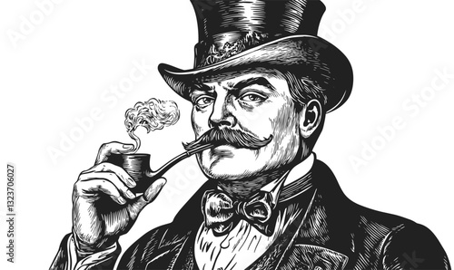 Distinguished gentleman with pipe wearing top hat in elegant attire - linear art icons set.