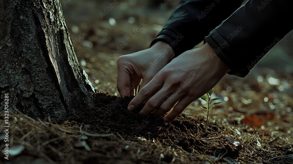 Hands gently plant a seedling at a forest base, radiating hope and renewal in nature’s quiet strength, symbolizing growth and care. Hands gently plant a seedling at a forest base, radiating hope and renewal in nature’s quiet strength, symbolizing growth and care.