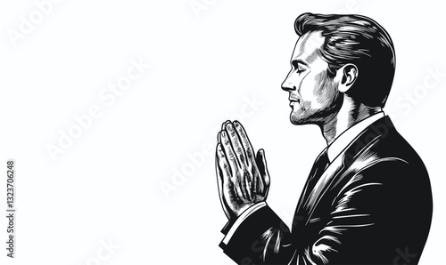 Businessman side profile praying, hands clasped, in black-and-white vector, linear icons set.