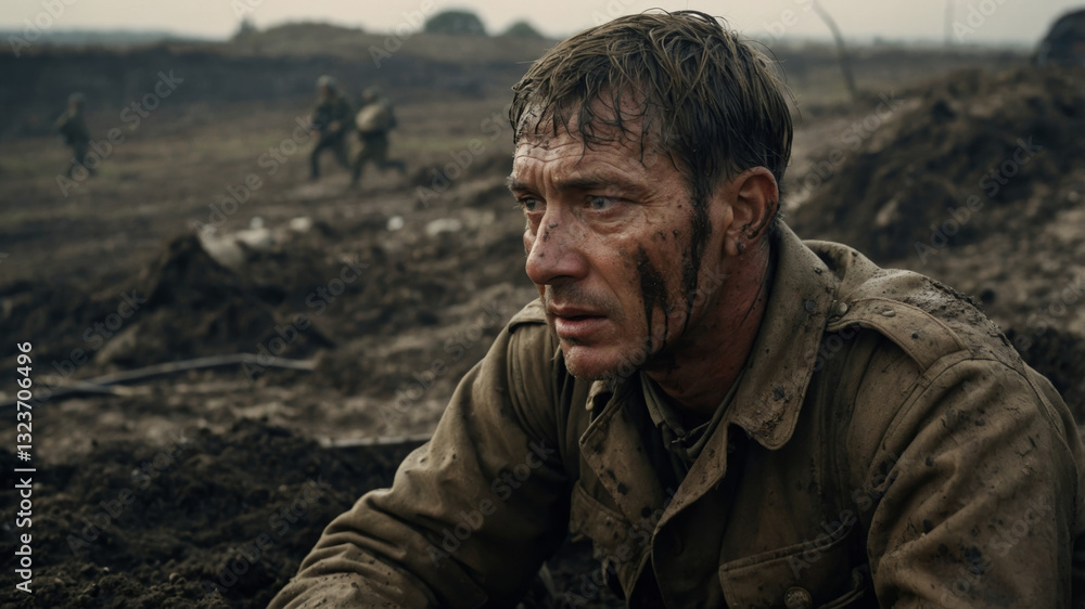 Fototapeta premium Close-up of a mud-covered soldier in a trench on the battlefield, other soldiers in background.