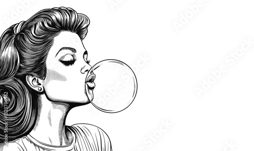 Woman blowing bubblegum, vintage style pop art vector, flat icons set.