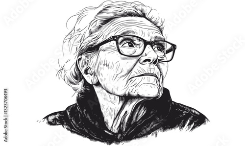 Elderly woman portrait, glasses and looking up, black and white, linear, icons set, vector.
