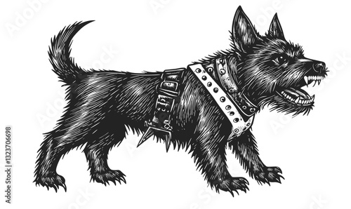 Fierce growling dog with spiked collar, black and white linear icons set vector.
