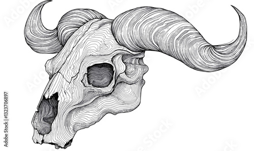 Detailed bison skull with intricate line patterns, black and white, linear icons set, vector.