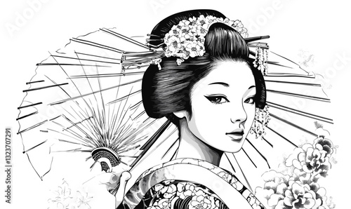 Elegant geisha holding umbrella in traditional attire - linear style icons set vector.