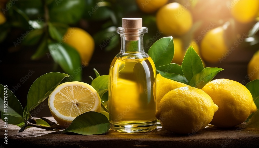 Mockup featuring lemon oil bottle against a backdrop of juicy lemons and green leaves, illuminated with dynamic lighting for a fresh and vibrant feel Mockup featuring lemon oil bottle against a backdrop of juicy lemons and green leaves, illuminated with dynamic lighting for a fresh and vibrant feel