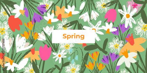 Modern Spring greeting card, banner or vertical poster with hand drawn flowers for Womens Day, Mothers Day, birthday, Easter. Tulips, daisies, daffodils, crocuses. Floral designe template