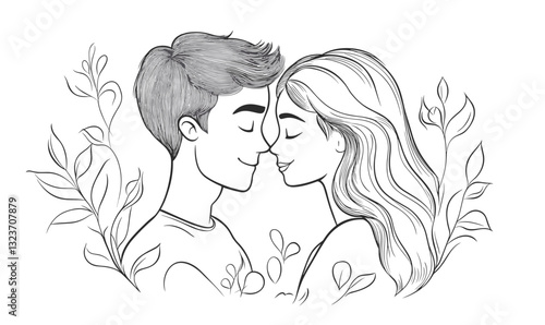 Romantic couple embracing with floral details - linear icons set, vector.