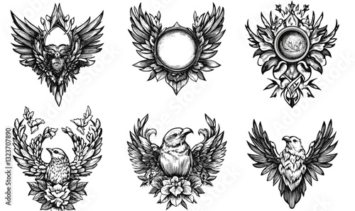 Ornate eagle and bird crest icons set, decorative shields with wings and flowers, linear vector.