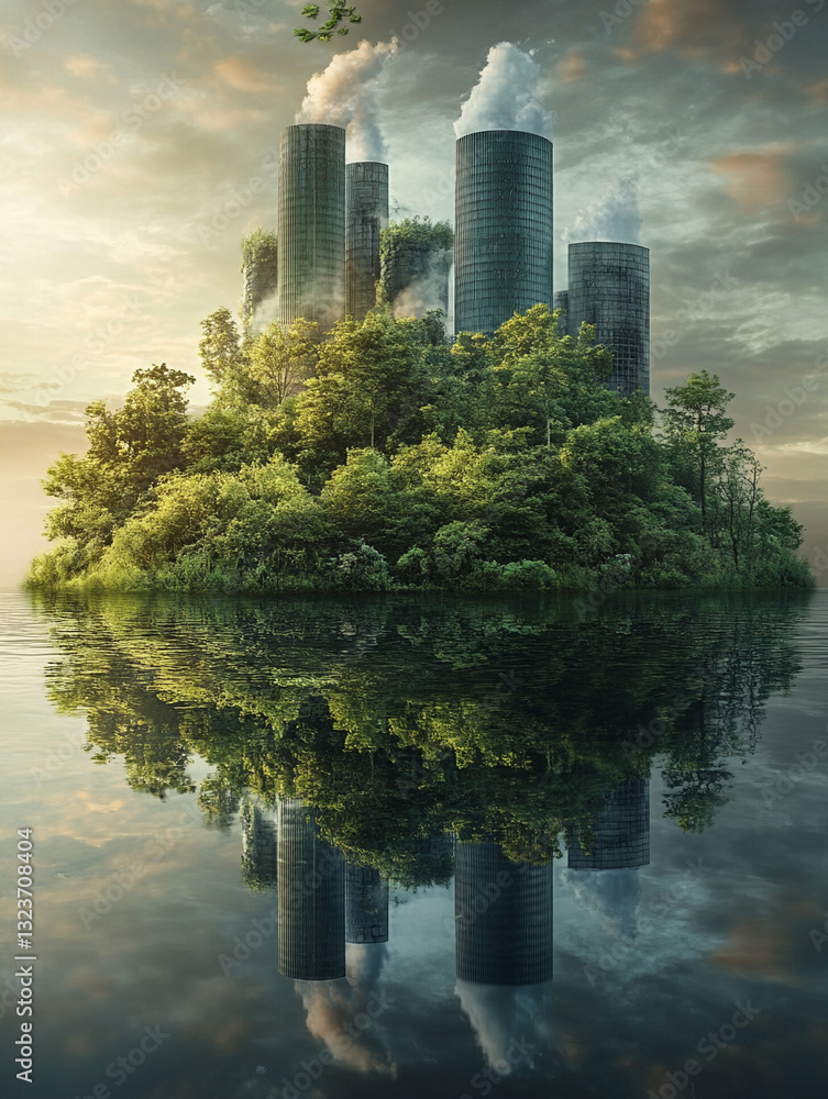 Fototapeta premium Urban structures rise from lush green island in calm lake