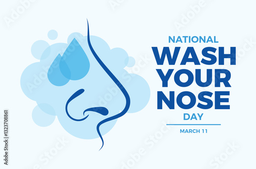 National Wash Your Nose Day poster vector illustration. Nose in profile simple icon vector. Nasal cleansing symbol. Template for background, banner, card. March 11 every year. Important day