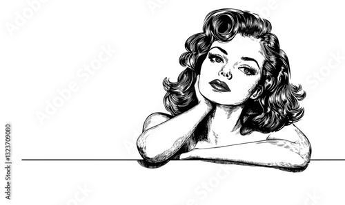 Retro woman portrait with elegant hair and thoughtful pose, vector, flat icons set.