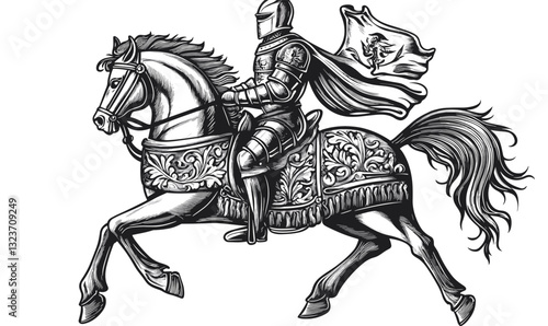 Medieval knight on horse with flag in armor and heraldry, vector, linear icons set.