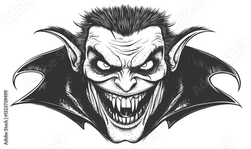 Scary vampire face with sharp fangs and pointy ears vector - linear gothic icons set.