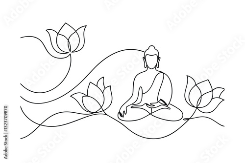 Serene Buddha Meditating Amidst Lotus Flowers, One Line Art