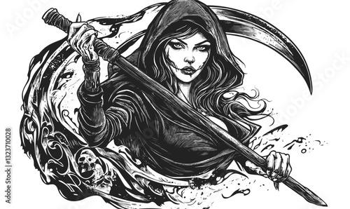 Mysterious hooded woman with scythe in monochrome, dark art, vector, linear style, icons set.