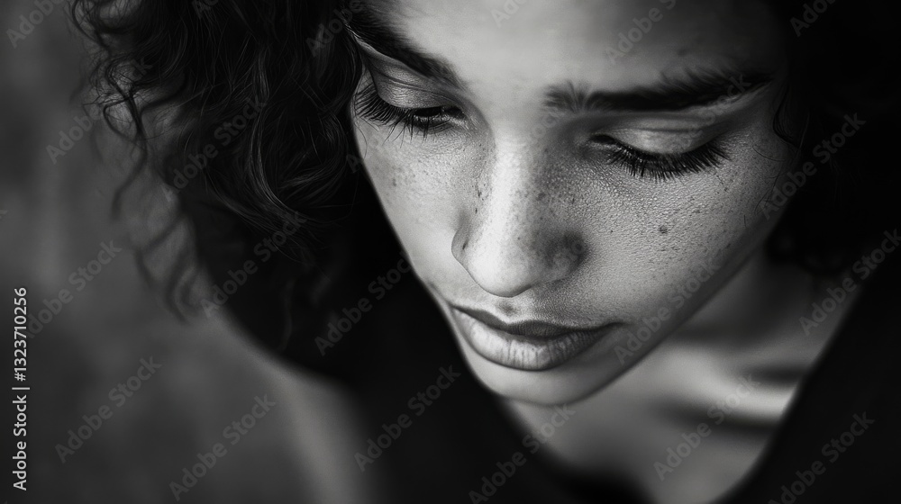 A monochrome portrait of a young woman with closed eyes, exuding calm introspection and vulnerability through detailed texture and light. A monochrome portrait of a young woman with closed eyes, exuding calm introspection and vulnerability through detailed texture and light.