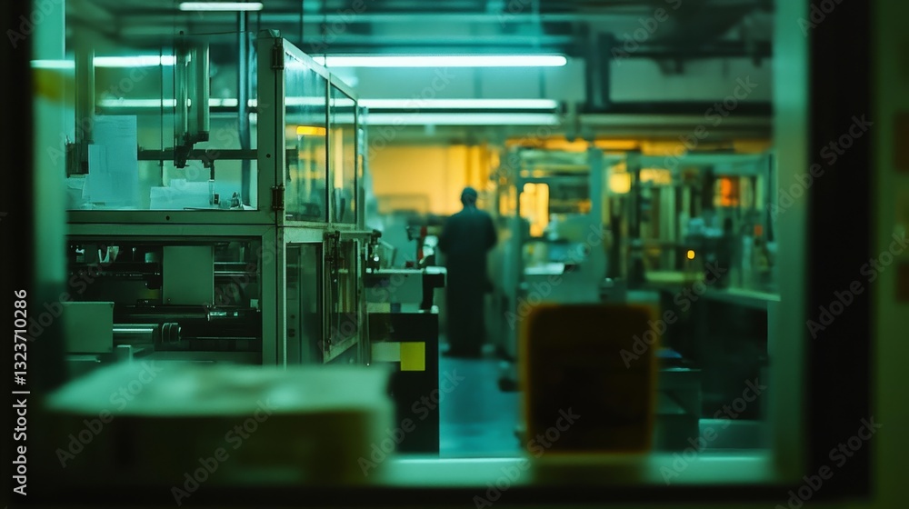 A dimly lit factory with a lone worker in the distance, bathed in yellow-green hues, captures an industrial atmosphere with a hint of mystery and solitude. A dimly lit factory with a lone worker in the distance, bathed in yellow-green hues, captures an industrial atmosphere with a hint of mystery and solitude.