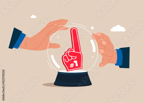 Crystal magic ball with a fan foam finger with number one. Brainstorming. Flat vector illustration