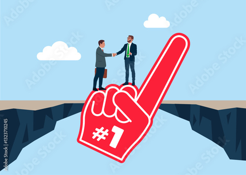 Businessmen handshake on fan foam finger with number one after finish agreement. Modern vector illustration in flat style. 