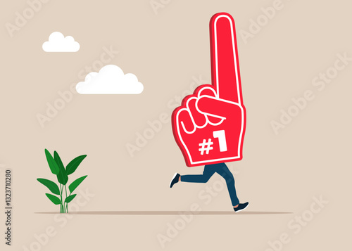 Funny human running wearing fan foam finger with number one instead of body. Succeed in work. Flat vector illustration.