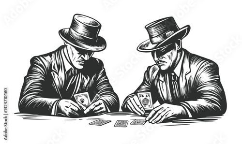 Two poker players in suits and hats, playing cards, vector, linear style icons set.