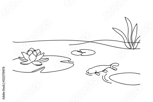 Serene Pond Sketch Water Lily, Koi Fish, Aquatic Plants
