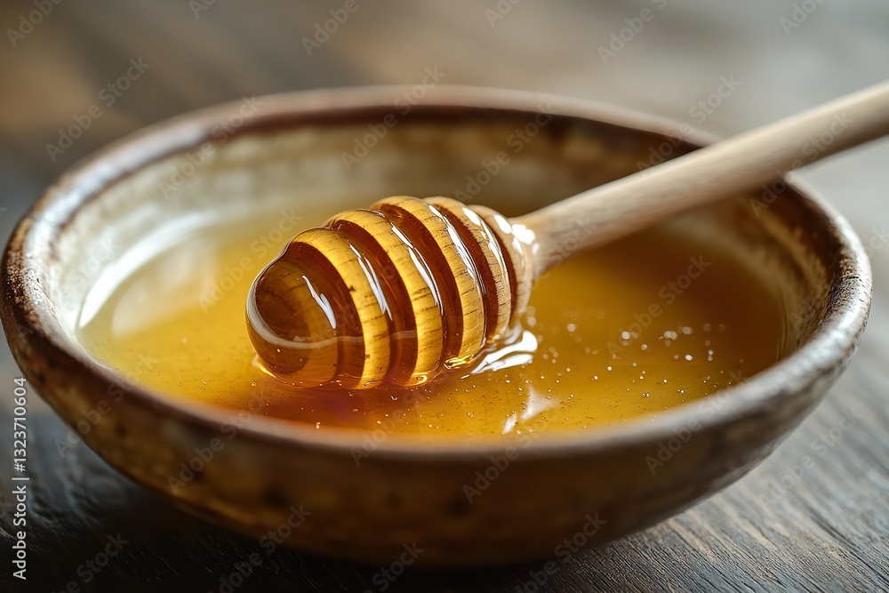 A wooden honey dipper resting on a ceramic bowl of honey, gentle ripples in the golden liquid A wooden honey dipper resting on a ceramic bowl of honey, gentle ripples in the golden liquid