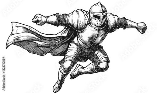 Heroic knight in dynamic pose, armor and cape - flat style icons set, vector.