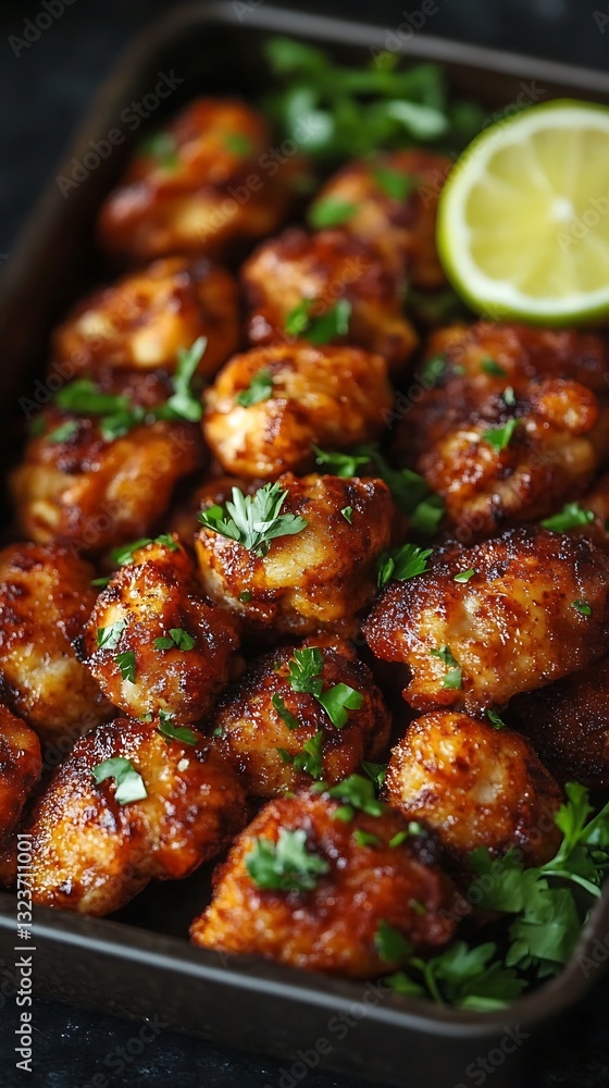 Spicy roasted cauliflower florets in a dark tray, garnished with cilantro and lime. Spicy roasted cauliflower florets in a dark tray, garnished with cilantro and lime.